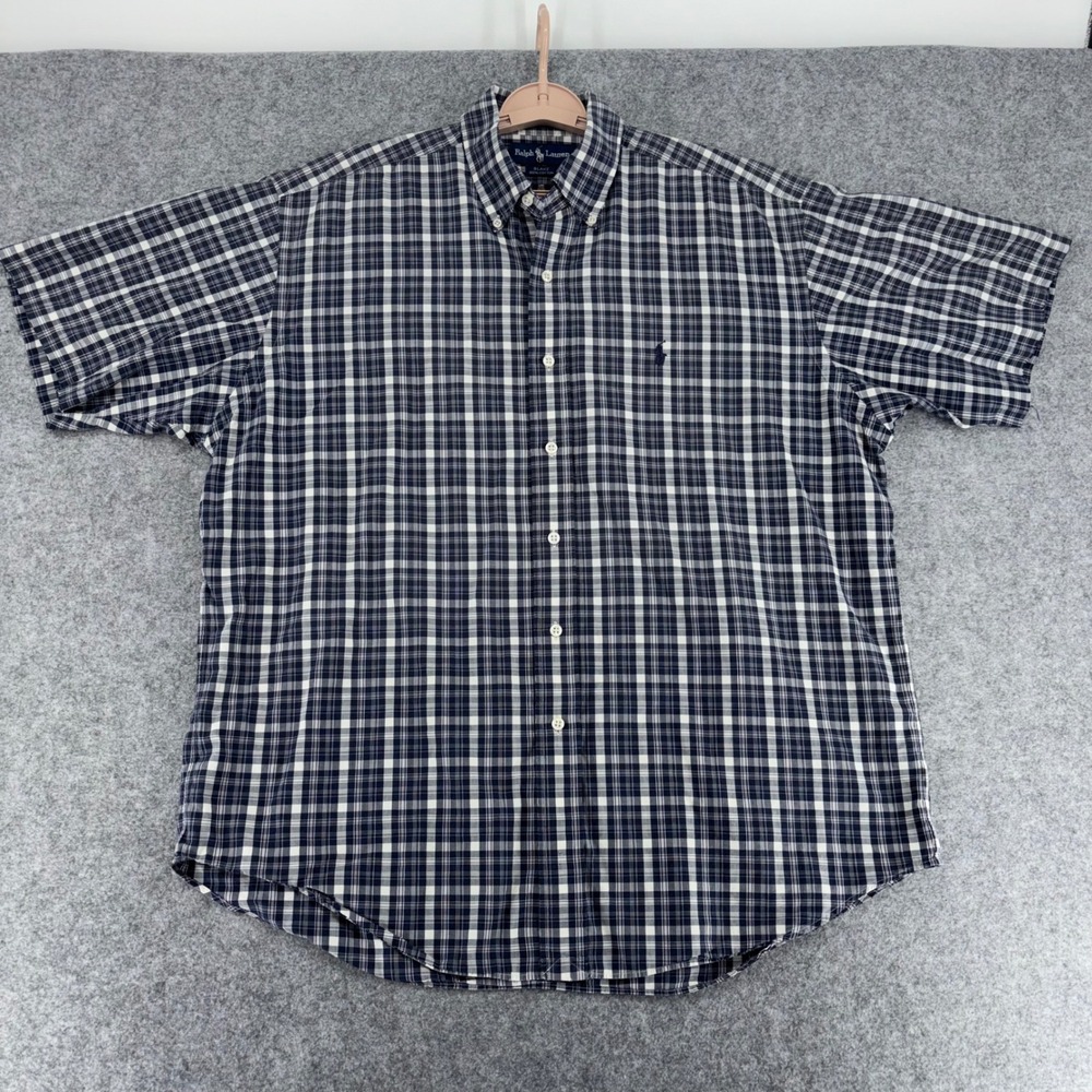 Ralph Lauren Blake Mens Large Navy White Plaid Cotton Short Sleeve Vintage Y2K
